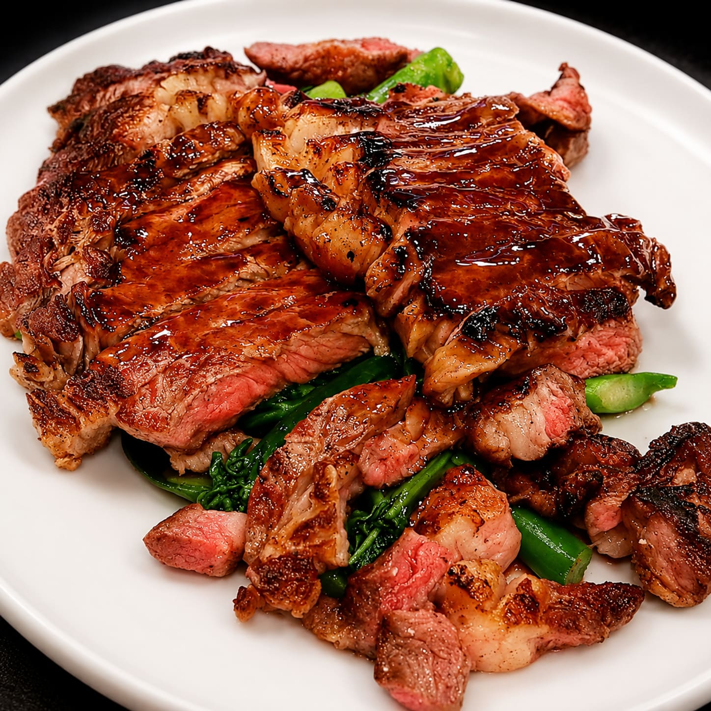 Thick slices of barbecued char siu pork with dark caramelised edges, fanned over stems of Chinese broccoli.