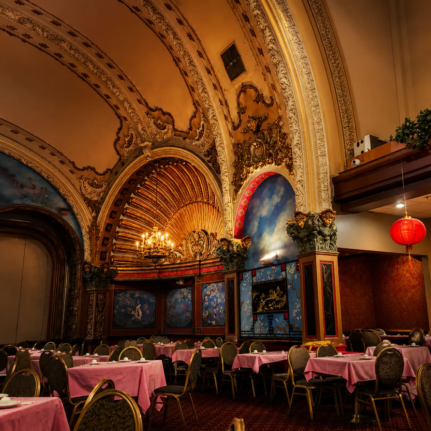 The dining room under the theatre’s original proscenium arch — gilded plasterwork, a painted dome, red lanterns hanging, and round tables laid with pink cloths beneath it.