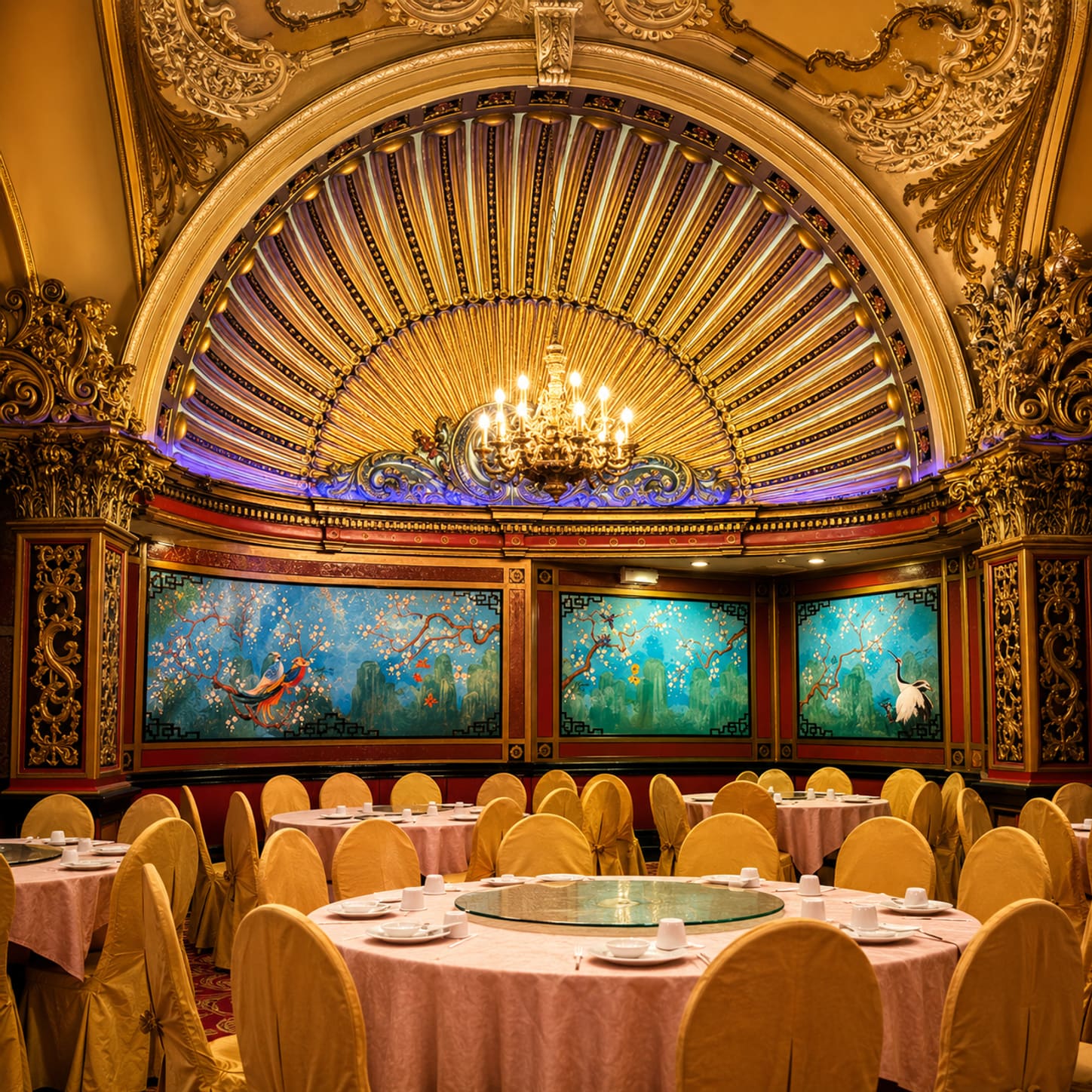 The full theatre hall seen from the floor — the gilded arch and chandelier above, painted panels along the wall, and round banquet tables with lazy susans laid out beneath.