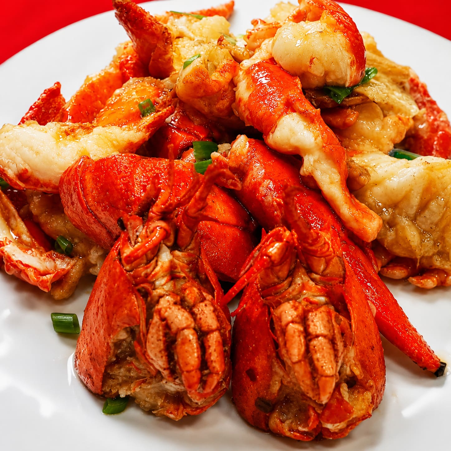 A platter of stir-fried lobster, shell-on pieces glazed and piled up with scallion.